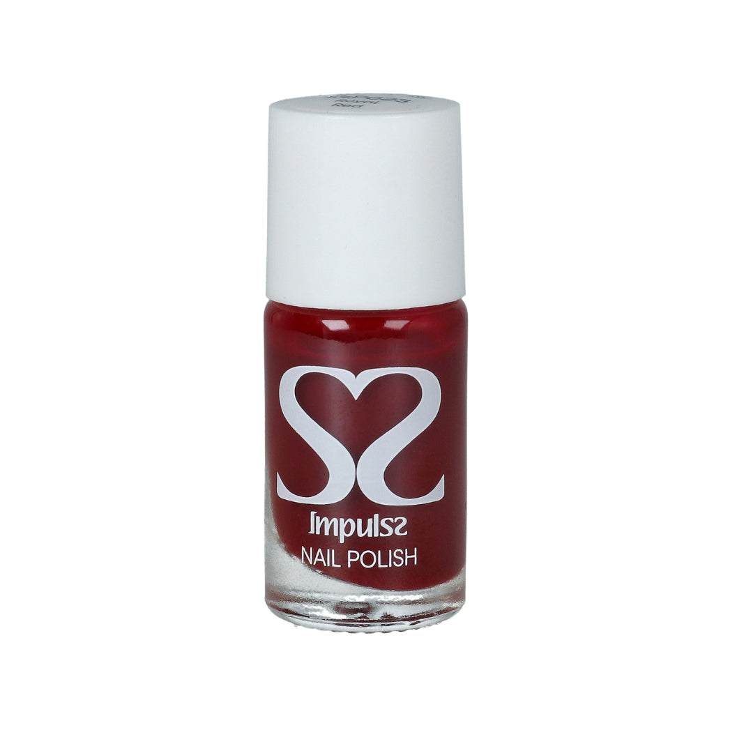 Impulss Nagellak Royal Red in een glazen flesje met witte dop, diep rode kleur voor een elegante manicure.