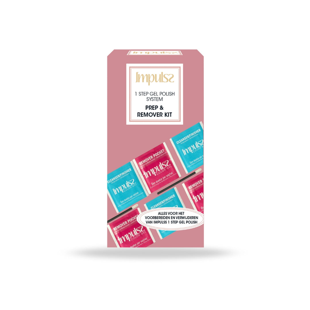 Color Gel Prep En Remover Kit van Impulss, verpakking met kleurrijke potjes voor gelnagelverzorging.