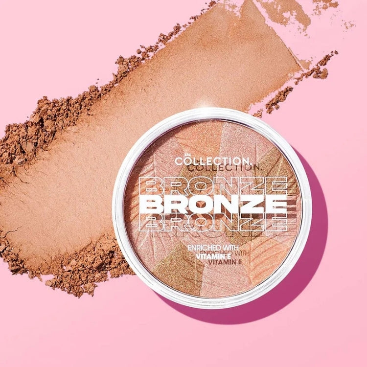 Bronze Glow Mosaic Powder - Mosaic Sunkissed in een ronde verpakking met warme, bronzen tinten op een roze achtergrond.