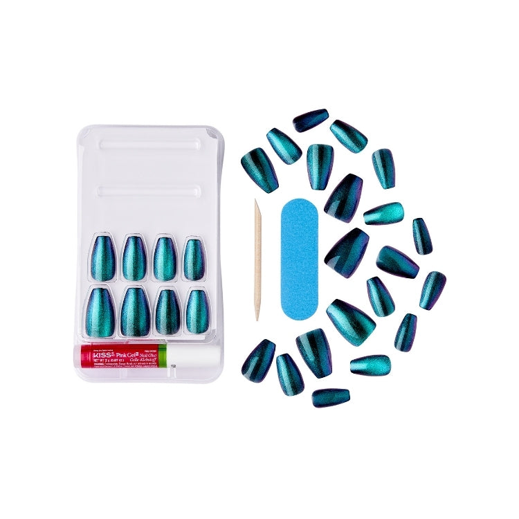 Gel Fantasy Magnetic - Chameleon, nagels met chameleon-effect in blauw-groene tinten, inclusief nageltools en verpakking.