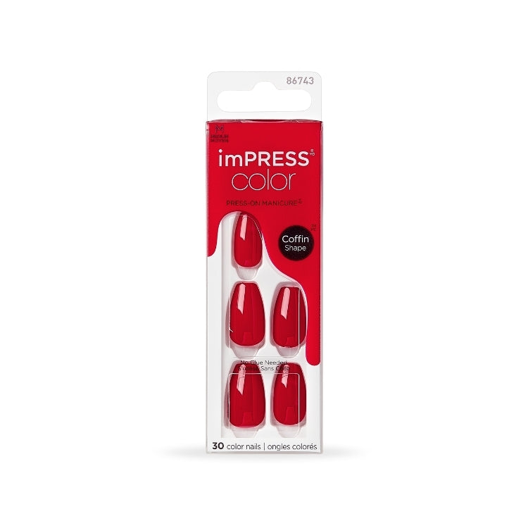 imPRESS Color Coffin - Reddy or Not, set van 30 rode nagels in coffin-vorm, verpakt in een doorzichtige blisterverpakking.