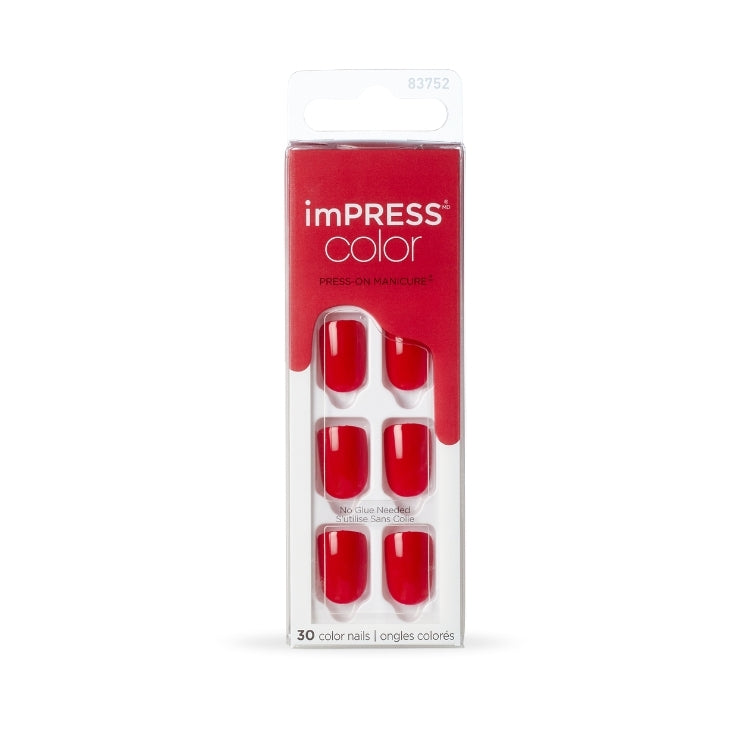 imPRESS Color - Reddy Or Not, set van valse nagels in een heldere rode kleur, verpakt in een doorzichtige doos.