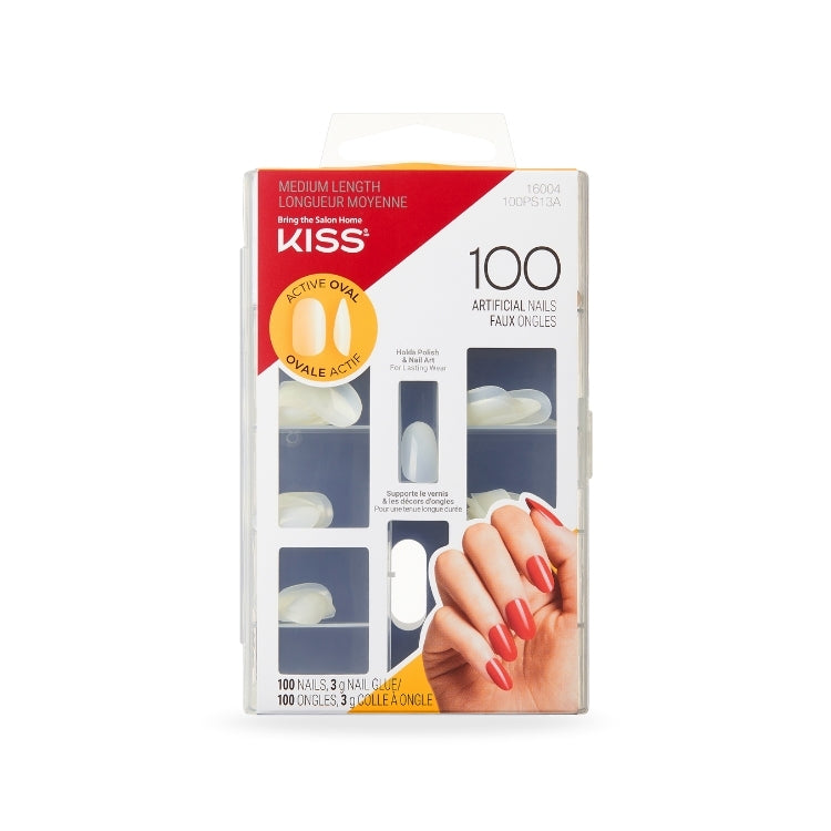 100 Full Cover Nails - Active Oval in een doorzichtige verpakking, met medium lengte en een elegante ovale vorm.