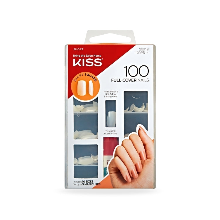 100 Full Cover Nails Short Square van Kiss in een handige verpakking met verschillende nagelgroottes en een elegante uitst...
