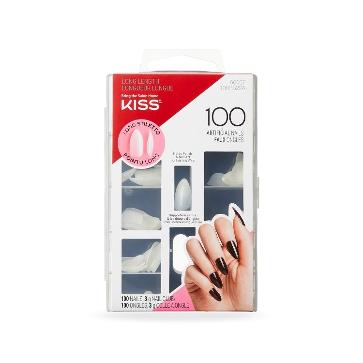 100 Full Cover Nails Stilettos in een doorzichtige verpakking, lange puntige nagels in wit en zwart, ideaal voor een glamo...