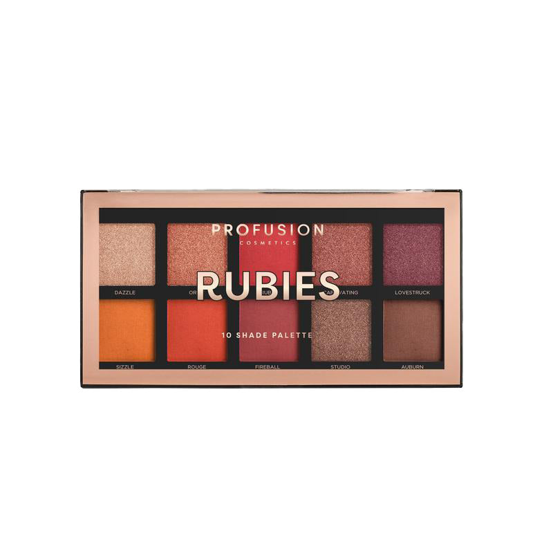 Mini Artistry Palette Rubies van Profusion met 10 warme tinten in een elegante, rechthoekige verpakking.