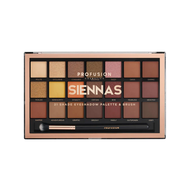 Pro Artistry Palette Siennas met 21 oogschaduwkleuren in warme tinten en een bijpassende kwast, verpakt in een elegante doos.
