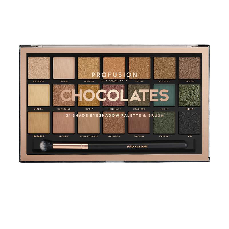 Pro Artistry Chocolates, een 21-kleurige oogschaduwpalette met diverse matte en shimmer tinten in een elegante verpakking.