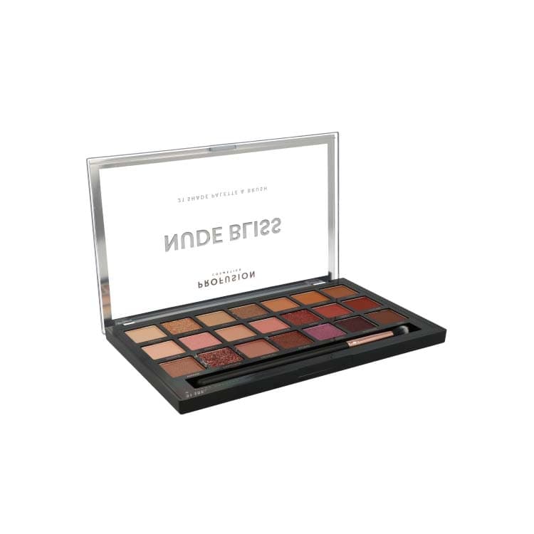 Pro Artistry Palette Nude Bliss met 20 neutrale tinten in een elegante zwarte verpakking met doorzichtige deksel.
