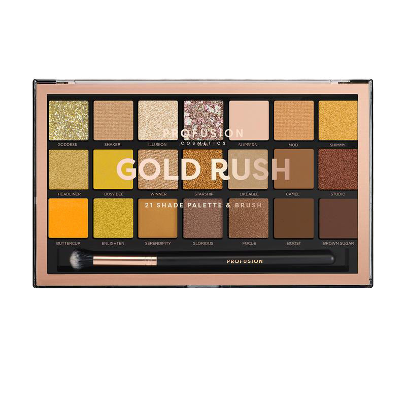 Pro Artistry Palette Gold Rush van Profusion met 21 oogschaduwkleuren in goud- en aardetinten, inclusief een penseel.