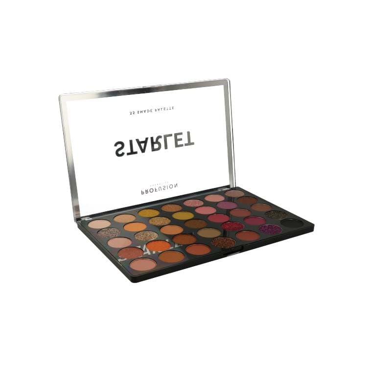 Master Artistry Palette Starlet van Profusion met 42 oogschaduwkleuren in een stijlvolle, zwarte verpakking.