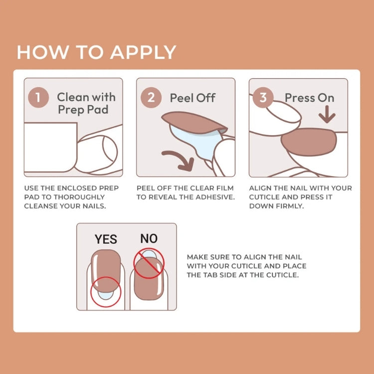 imPRESS Color Bare But Better SO - Charmer, nagels in nude tint met instructies voor aanbrengen op een zachte achtergrond.