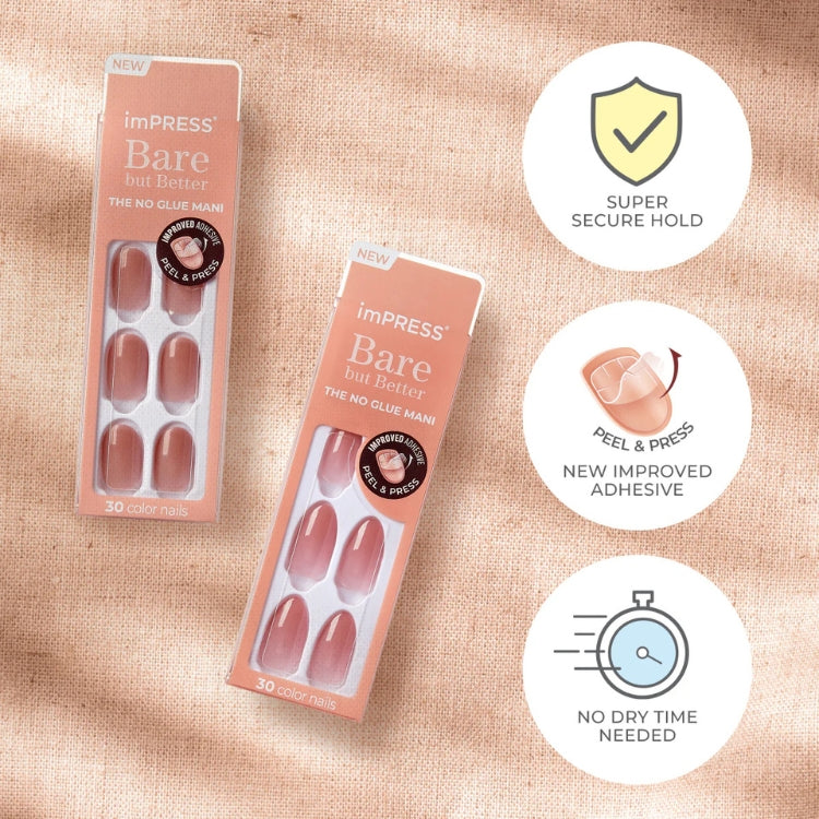 imPRESS Color Bare But Better SO - Charmer, set van nude nagels in verpakking met verbeterde hechting en geen droogtijd.