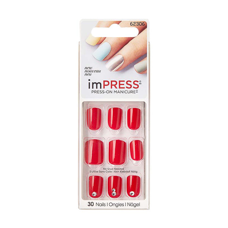 imPRESS Flash Mob, set van 30 rode nagels met strass-steentjes in een handige verpakking.