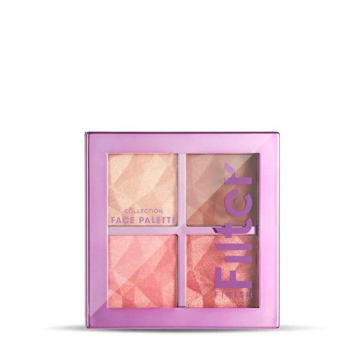 Filter Finish Face Palette in een vierkante, paarse verpakking met vier glanzende tinten voor een stralende look.