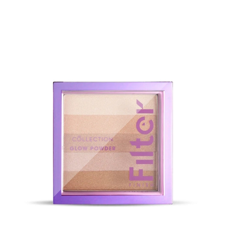 Filter Finish Glow Powder in een vierkante, paarse verpakking met gestreepte tinten voor een stralende glow.