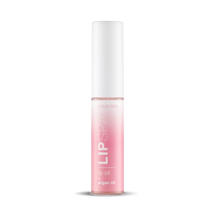 Lip Spa Lip Oil in een slanke, doorzichtige verpakking met een witte dop, lichtroze kleur voor verzorgde lippen.