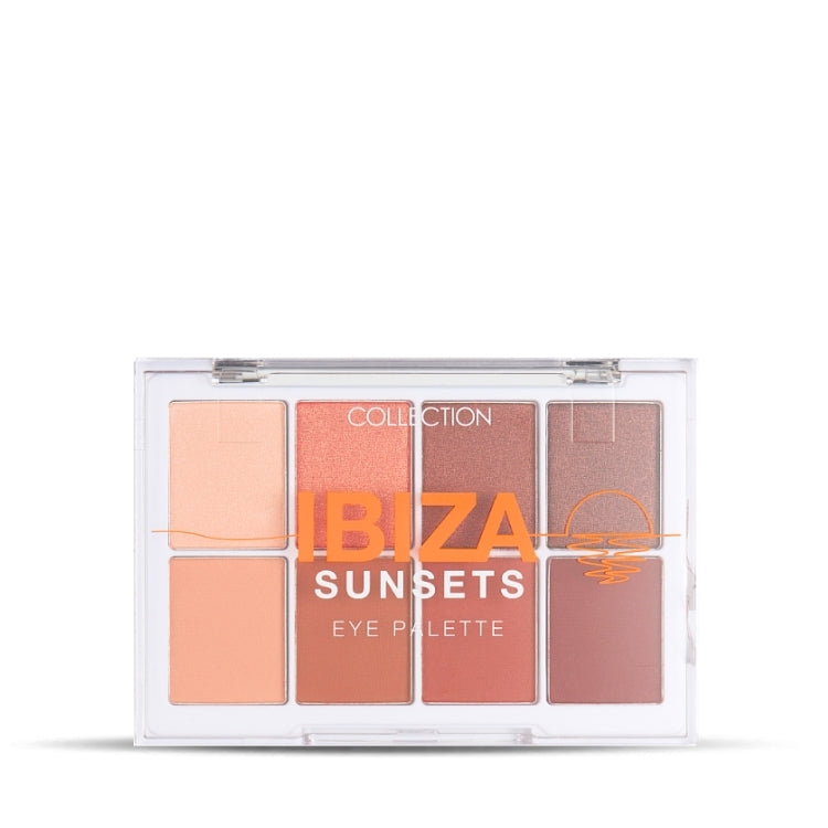 Eye Palette - Ibiza Sunsets met zes warme tinten in een transparante verpakking, perfect voor zomerse looks.