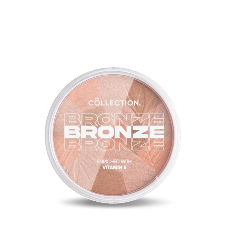 Bronze Glow Mosaic Powder - Mosaic Sunkissed in een ronde, doorzichtige verpakking met warme, bronzen tinten.