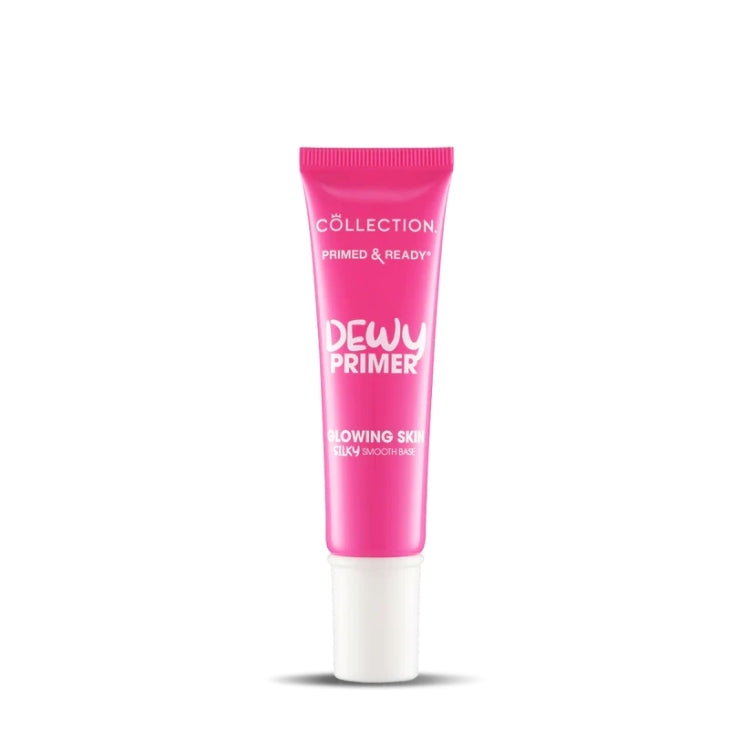Primed & Ready Dewy Primer in een felle roze tube voor een stralende huid en een zijdezachte afwerking.