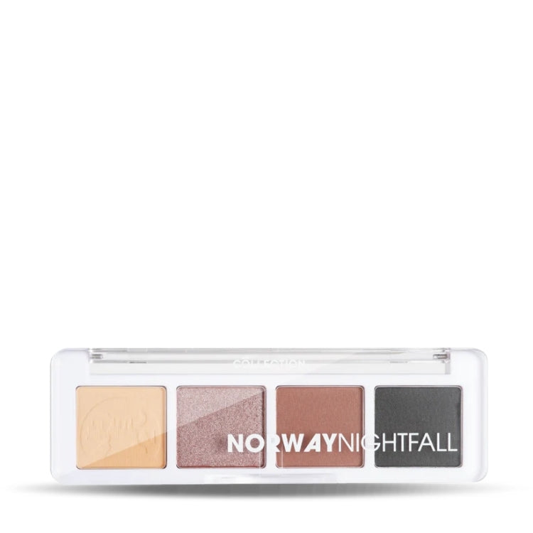 Mini Eyeshadow Palette Norway Nightfall met vier tinten in een stijlvolle, doorzichtige verpakking. Perfect voor avondlooks.