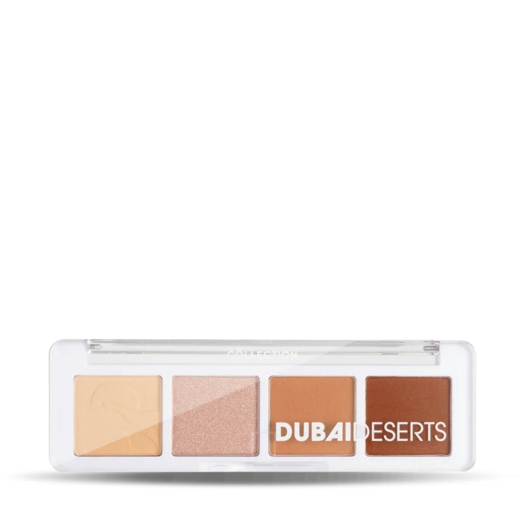 Mini Eyeshadow Palette Dubai Deserts met vier natuurlijke tinten in een transparante verpakking. Perfect voor dagelijkse l...
