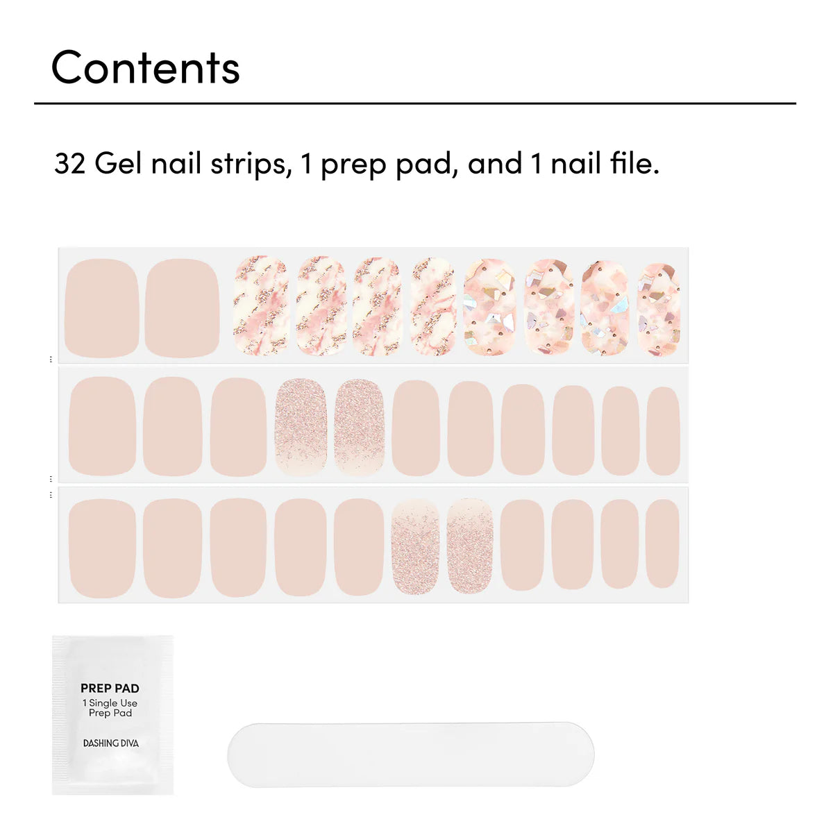 Dashing Diva - Gloss Strips - Crystal Clear, 32 gelnagelstrips in nude tinten met glitters, inclusief prep pad en nagelvijl.