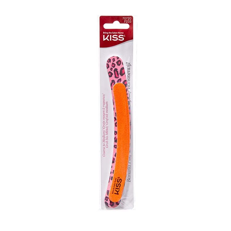 Bananenvijl van Kiss in een opvallende roze kleur met een panterprint verpakking, ideaal voor het verzorgen van nagels.