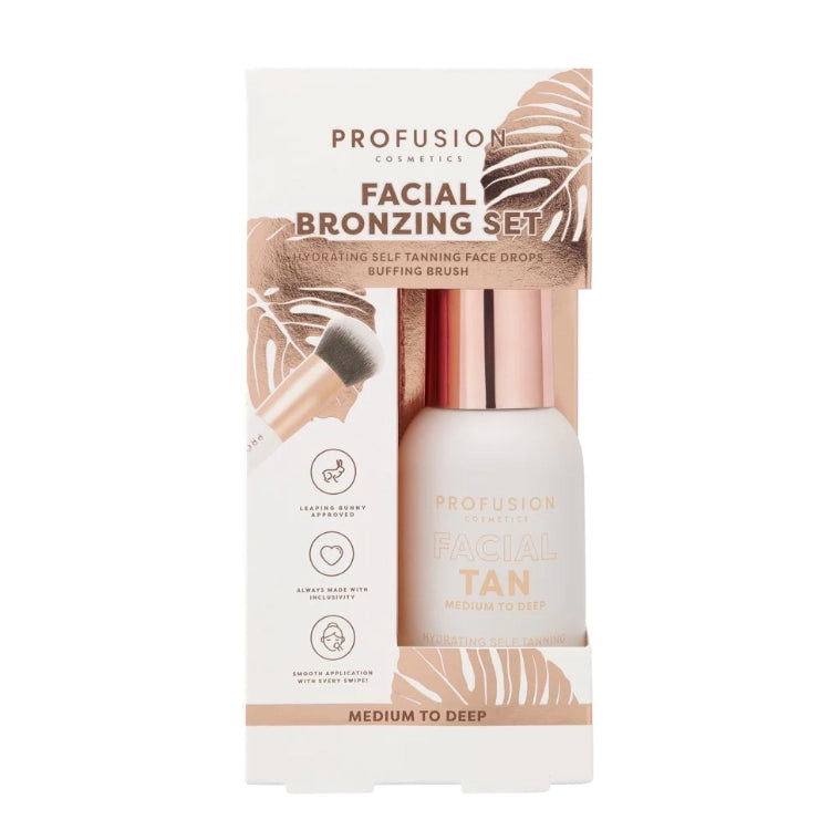 Facial Bronzing Set - Medium / Deep met een bruin flesje en een buffing brush in een stijlvolle verpakking.