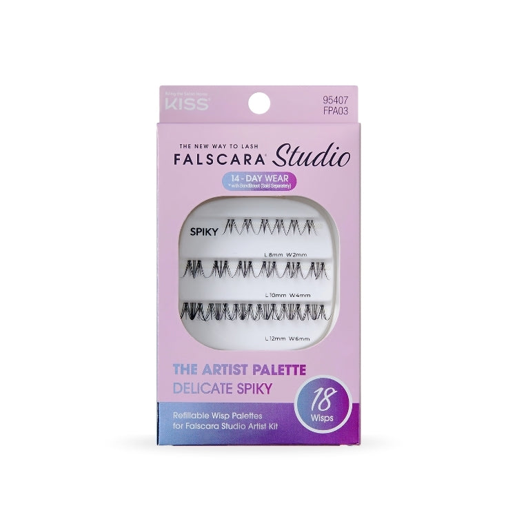 Falscara Studio Palette 8mm-12mm Delicate Fluffy met spiky wimpers in een roze verpakking voor 14-dagen draagbaarheid.