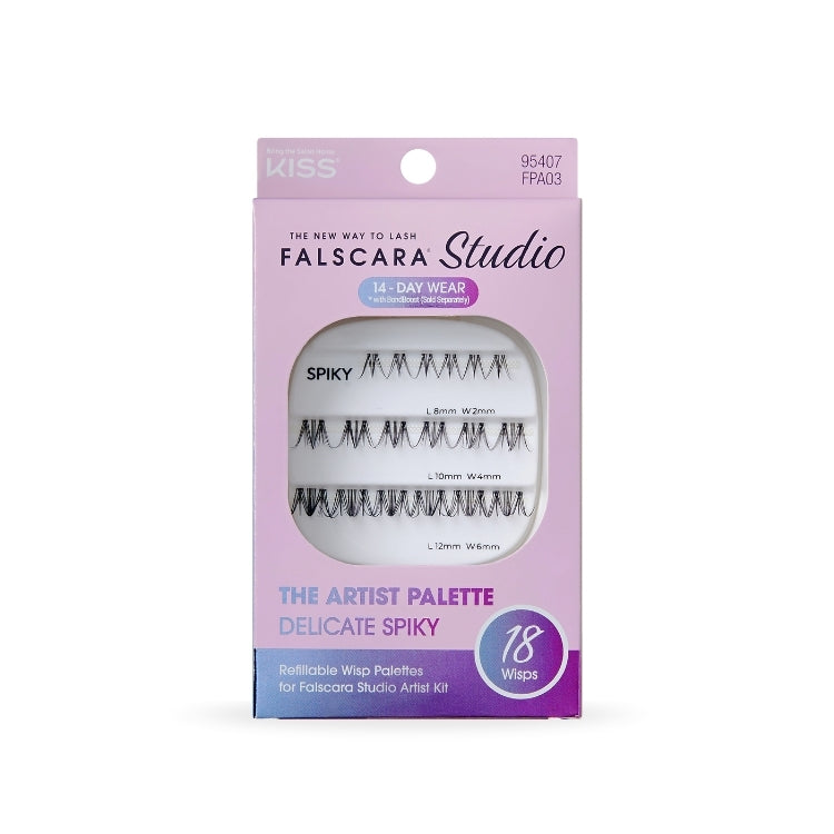 Falscara Studio Palette 8mm-12mm Delicate Spiky met verschillende wimpers in een roze verpakking voor langdurig gebruik.