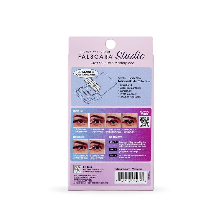 Falscara Studio Palette 8mm-12mm | Delicate Spiky met instructies en voorbeelden van wimpertoepassing op een paarse verpak...