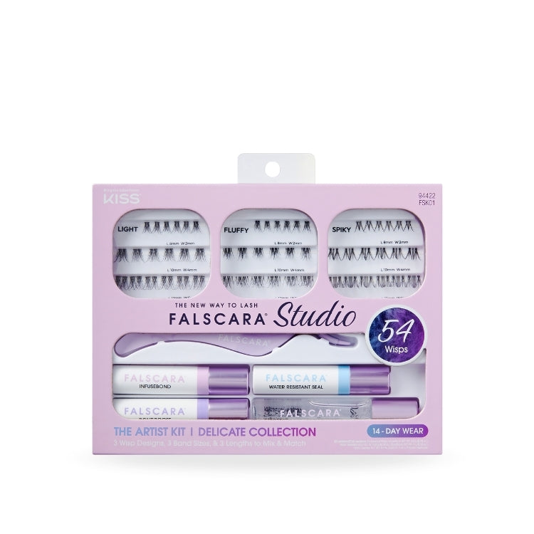 Falscara Studio Kit 8mm-12mm | Delicate met wimpers in verschillende stijlen en een paarse verpakking.