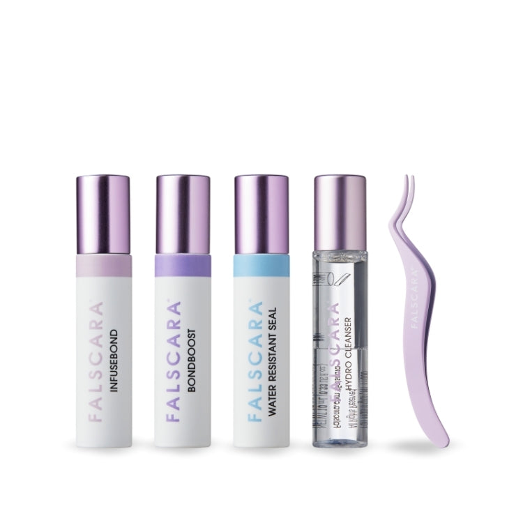 Falscara Studio Kit 8mm-12mm | Delicate met vier producten in witte en paarse verpakkingen en een applicator.