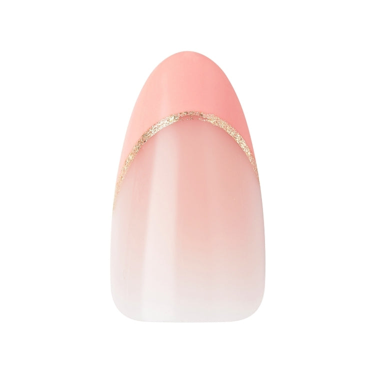 Voguish Fantasy – Éclatant, een nagelset met een ombre-effect in roze en wit, afgewerkt met een gouden lijn.