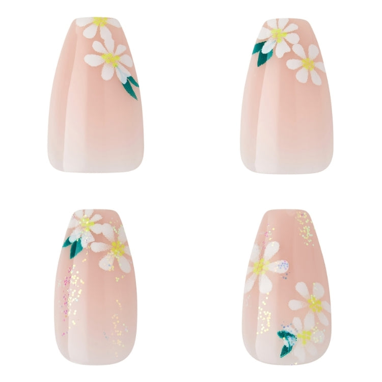 Voguish Fantasy - 4 Wheel Drive, set van vier nagels in zachte perzikkleur met bloemenprint en glitters.