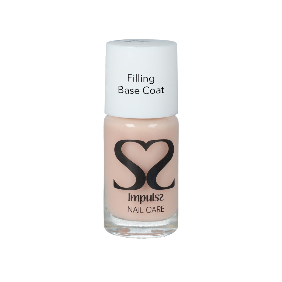 Impulss Filling Base Coat in een glazen flesje met een witte dop, lichtroze kleur voor een egale nagelbasis.