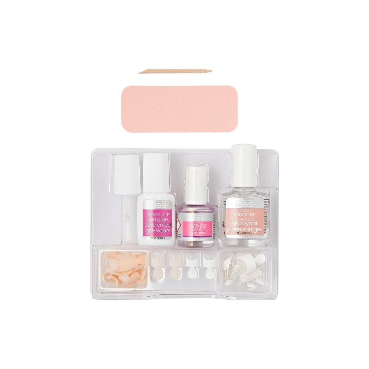 Brush-On Gel Nail Kit van Kiss in een doorzichtige verpakking met nagellak, tips en een houten stick.
