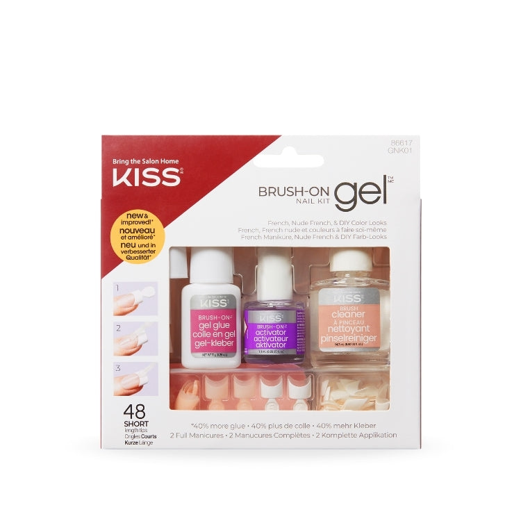 Brush-On Gel Nail Kit van Kiss, bevat gel, activator en cleaner in een praktische verpakking voor een salonwaardige manicure.