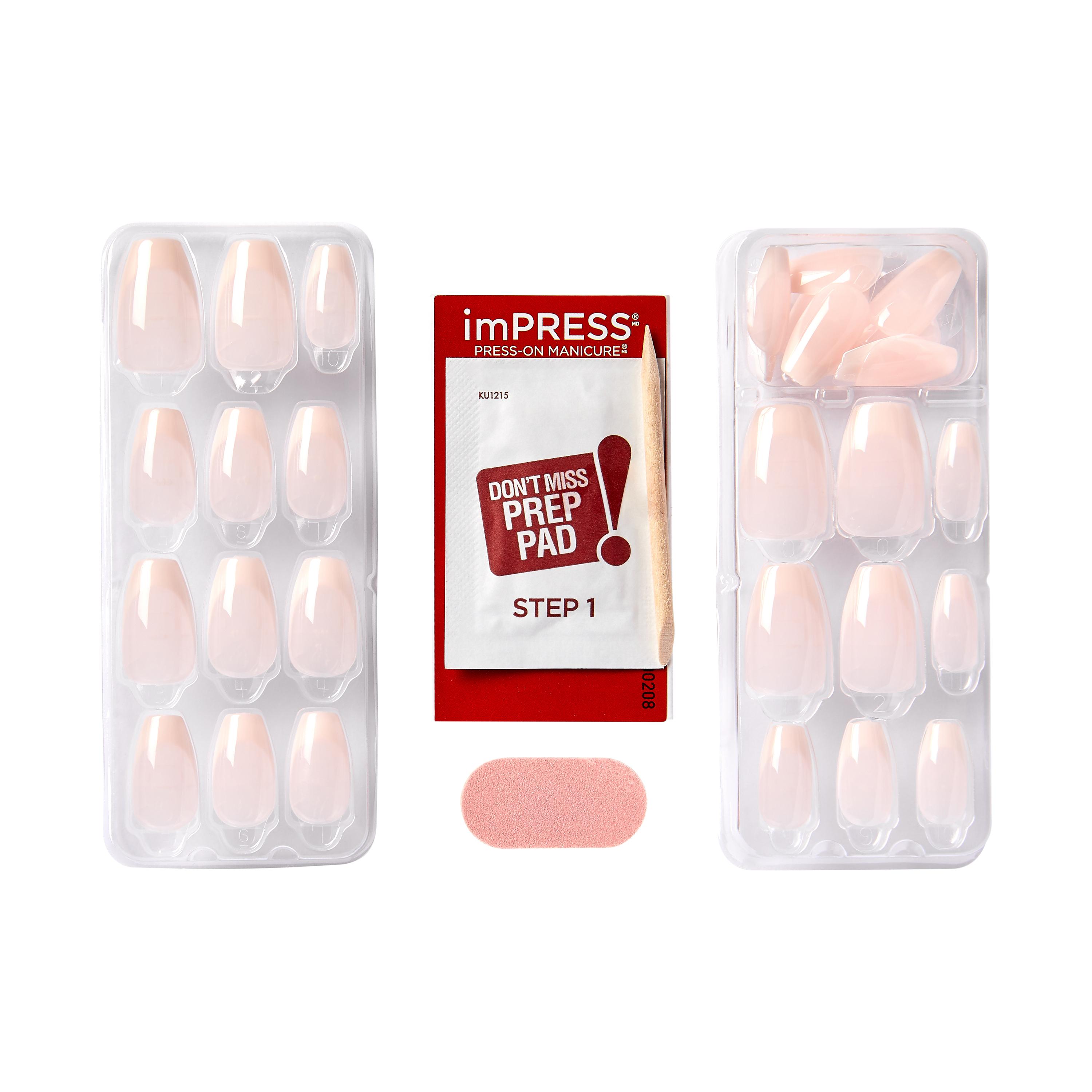 imPRESS Nails - Genuine, set met nude nagels in verschillende vormen en bijbehorende prep pad in verpakking.