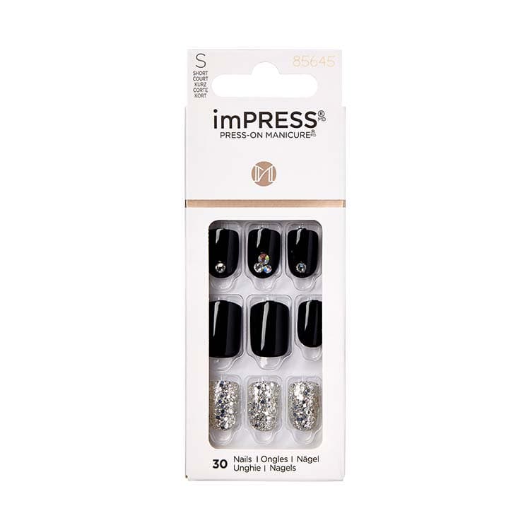 imPRESS Nails - Dynamite, zwarte nagels met glitters en steentjes, verpakt in een handige doos met 30 nagels.