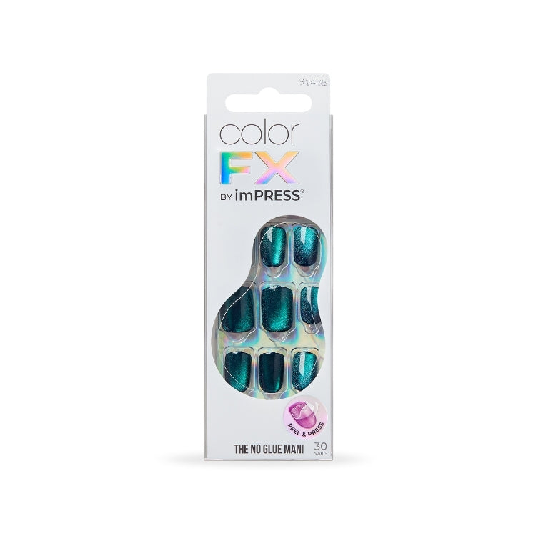 imPRESS Color FX - Better Things met glanzende teal nagels in een handige verpakking zonder lijm.
