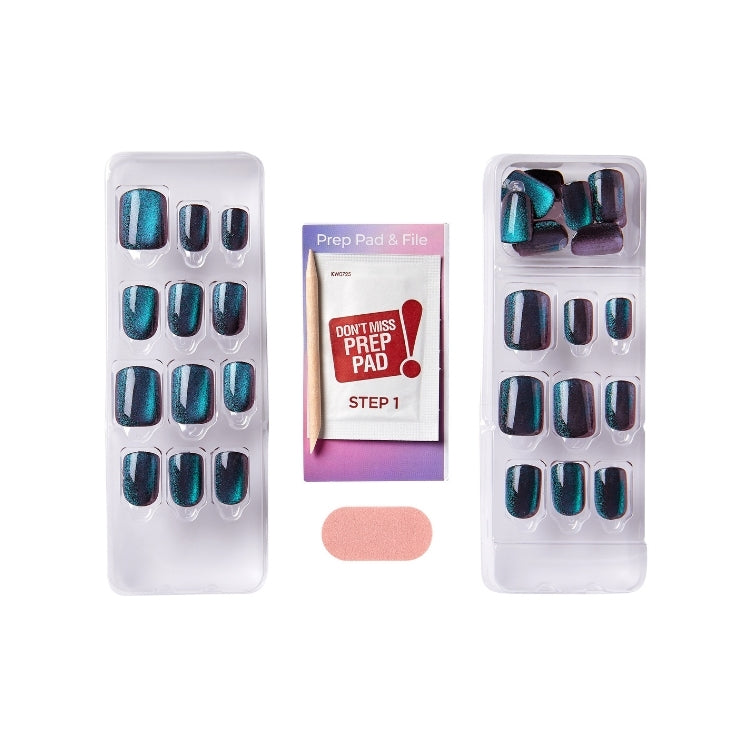 imPRESS Color FX - Better Things met glanzende nagels in blauw-groene tinten en bijbehorende prep pad en vijl.