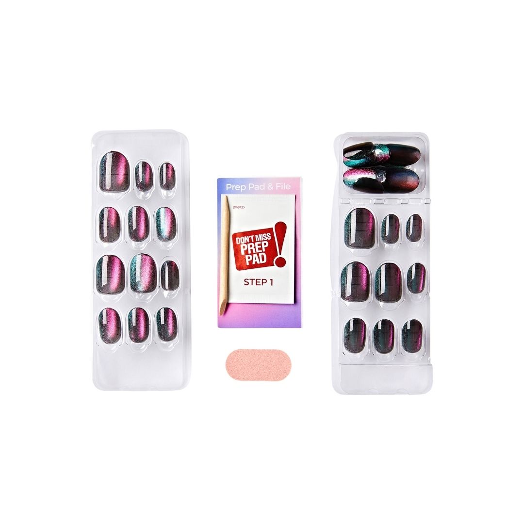 imPRESS Color FX - Before Hours, nagels in paarse en groene tinten, verpakking met nagels en prep pad.