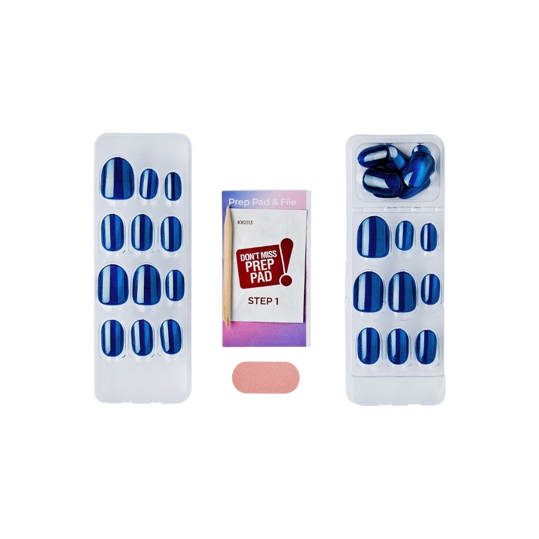 imPRESS Color FX - Reconnect, nagels in verschillende blauwtinten, inclusief prep pad en nagelvijl in verpakking.