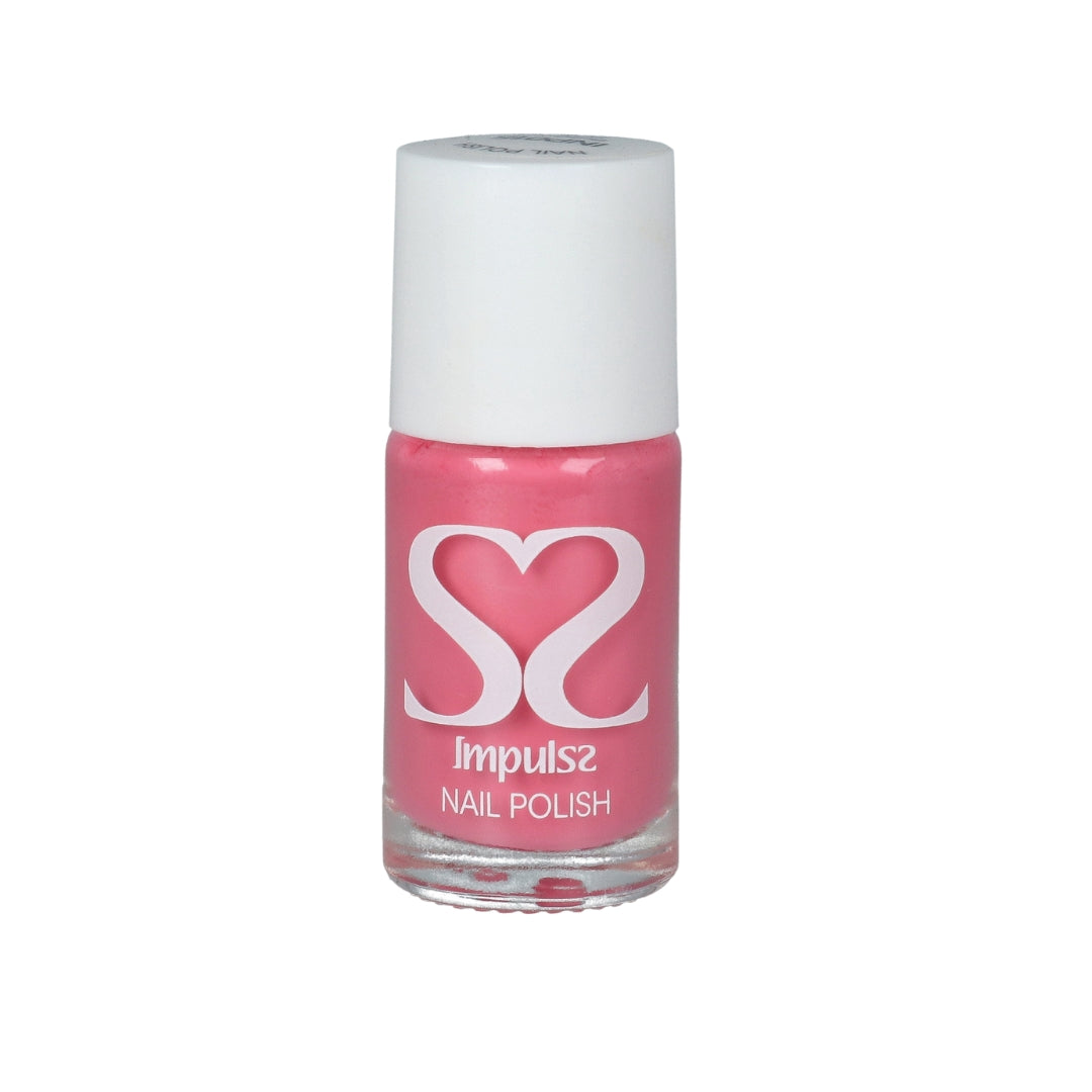 Impulss Nagellak Bubble Pink in een transparante fles met een witte dop, stralende roze kleur voor een frisse manicure.