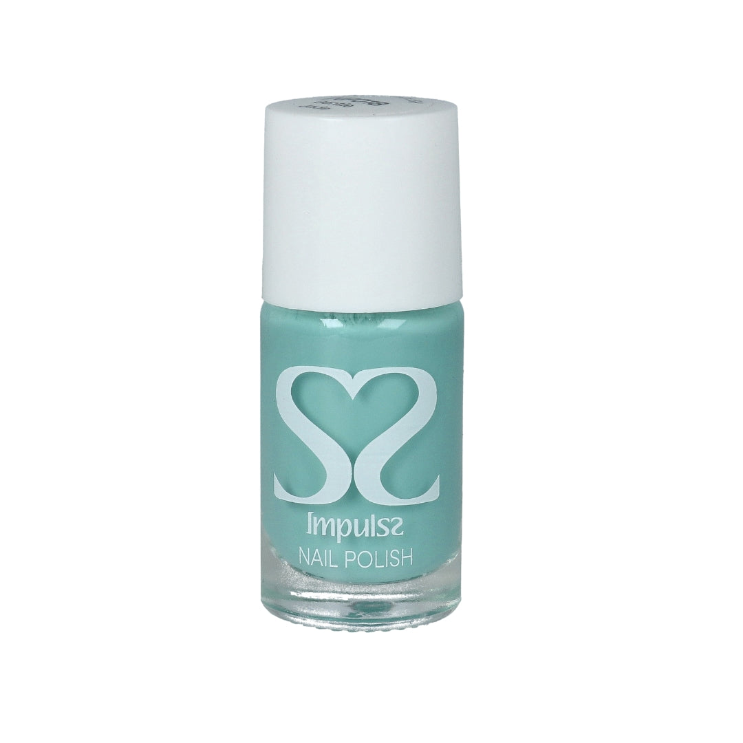 Impulss Nagellak Gentle Jade in een kleine, ronde fles met een witte dop, in een zachte jadegroene tint.