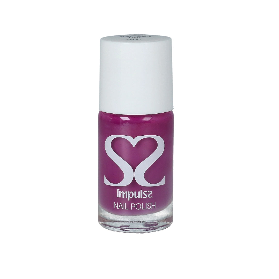 Impulss Nagellak Lilly Lilac in een glazen flesje met witte dop, stralende lila kleur voor een trendy manicure.