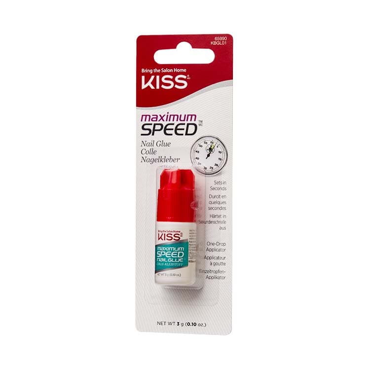 Maximum Speed Nail Glue van Kiss in een rode en witte verpakking, ideaal voor het snel bevestigen van nagels.