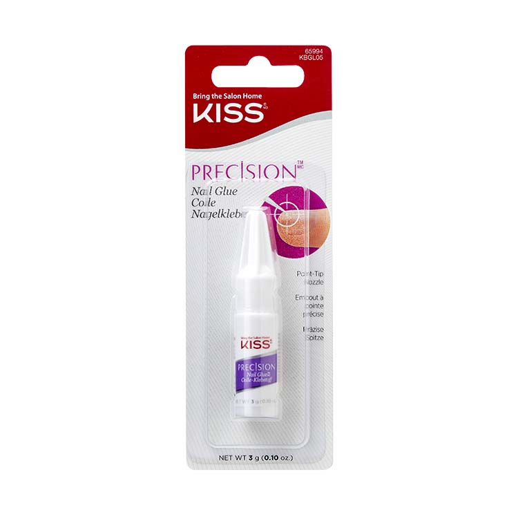 Precision Nail Glue in een witte verpakking met paarse accenten, ideaal voor het bevestigen van nagels.